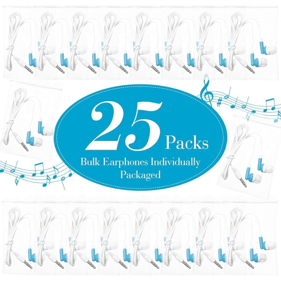 GVDCC -25 Pcs Bulk Earbuds with Wire Basic Headphones in Ear for Libraries Laptop, No Microphone 3.5 mm Jack Earbuds Dot Headphones, Individually Bagged (Sky Blue)