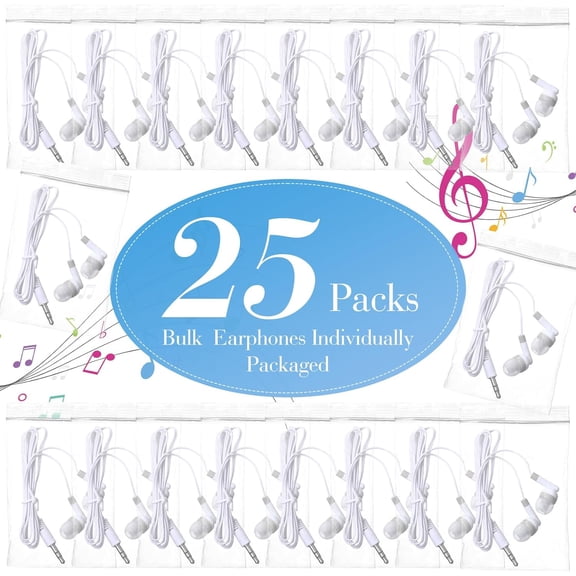 GVDCC -25 Pcs Bulk Earbuds with Wire Basic Headphones in Ear for Libraries Laptop, No Microphone 3.5 mm Jack Earbuds Dot Headphones, Individually Bagged (White Gray)