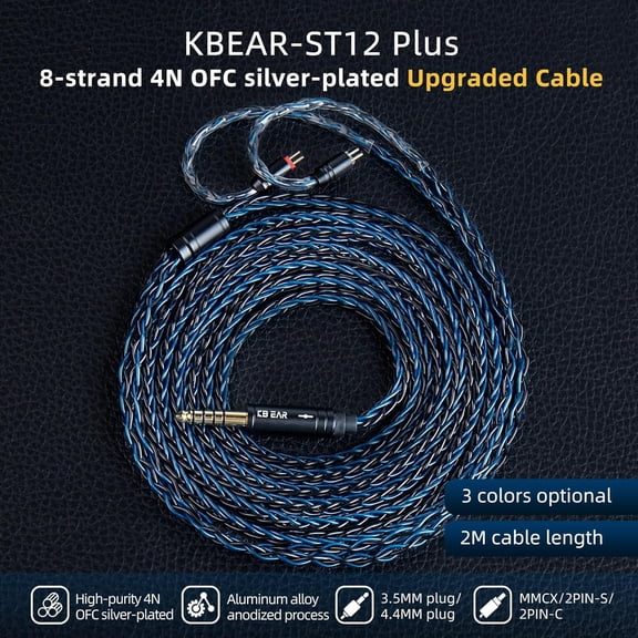 GVDCC -2M Long Recessed 2Pin IEM Cable, in Ear Monitor Replacement Earphone Cable, KBEAR ST12 Plus 8 Core 4N OFC Silver-plated Headphone Wire with 3.5mm Plug for KZ ZS10 PRO/ZSN PRO X/CCA CRA Earbuds