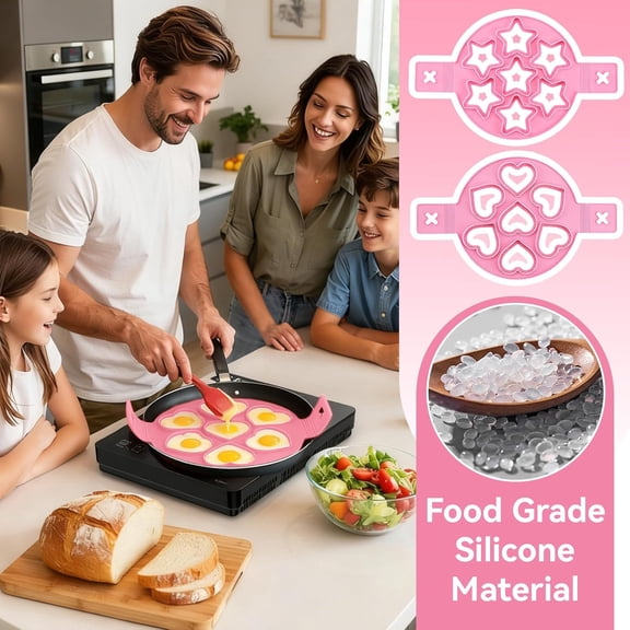 GVDCC-2PCS Pancake Maker Mold, 7 Cavity Star/Heart Shape Nonstick Reusable Silicone Egg Mold Ring with Handle Kitchen Cooking Baking Tools for Muffin Fried Egg Burger