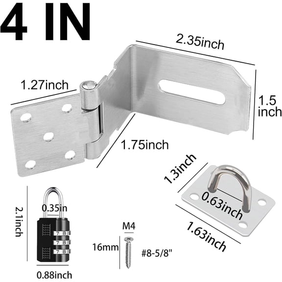 GVDCC-2Pcs Door Locks Hasp Latch,4 Inch 90 Degree 304 Stainless Steel Safety Packlock Clasp Hasp Lock Latch,Hinge Lock Padlock with Screws for Gates,Doors,Cabinets, Closets and More