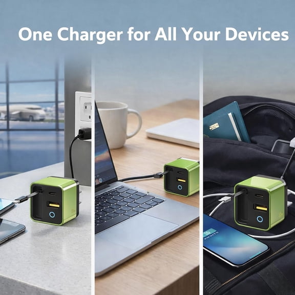 GVDCC -3 in 1 80w max Retractable USB-C Fast Charging Wall Charger with Built-in Cable Compact Travel-Ready Design, Easy to Carry, Ideal for Hotel Stay, Desktop Charging & On-The-Go Use(Green)
