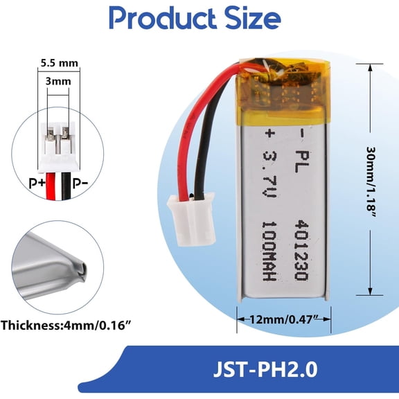 GVDCC-3.7V 100mAh 401230 Lipo Battery Rechargeable Lithium Polymer Battery Pack with JST PH2.0mm Connector for Bluetooth Speaker, GPS, Smart Watch, Portable Devices