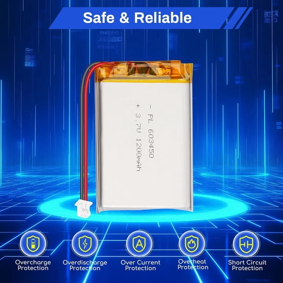 GVDCC-3.7V 1200mAh 603450 LiPo Battery Pack, 1S Rechargeable Lithium Polymer Battery with PCM Protection, Micro JST 1.25mm 2-Pin Plug for ESP32 Arduino DIY Projects