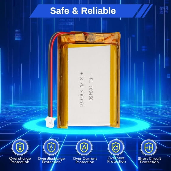 GVDCC-3.7V 2000mAh 103450 LiPo Battery Pack, 1S Rechargeable Lithium Polymer Battery with PCM Protection, Micro JST 1.25mm 2-Pin Plug for ESP32 Arduino NodeMCU