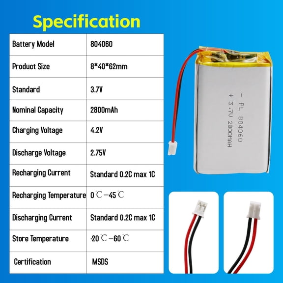 GVDCC-3.7V 2800mAh Lithium Polymer Rechargeable Battery 804060 Lipo with PH2.0mm JST Connector for Speaker and Wireless Device
