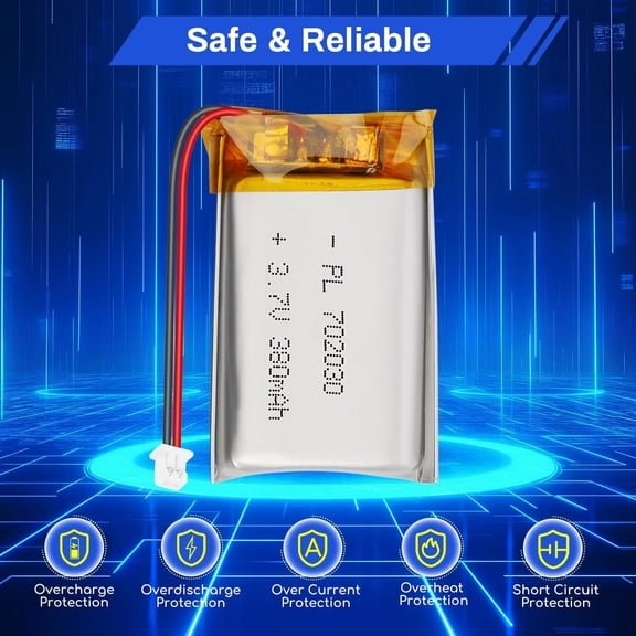 GVDCC-3.7V 380mAh 702030 LiPo Battery, 1S Rechargeable Lithium Polymer Battery with PCM Protection, Micro JST 1.25mm 2-Pin Plug for Arduino DIY Projects