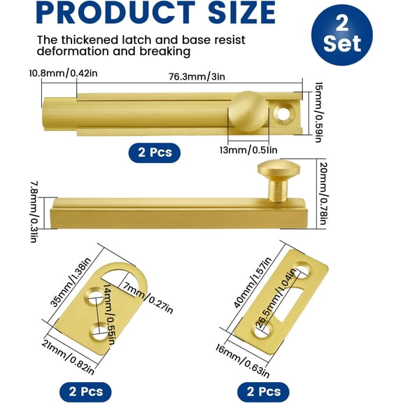 GVDCC-3 Inch Solid Brass Surface Bolt, 2 Sets Slide Surface Door Bolt, Heavy Duty Door Slide Bolt for Flush or Recessed Doors and Gates (Brushed Gold)