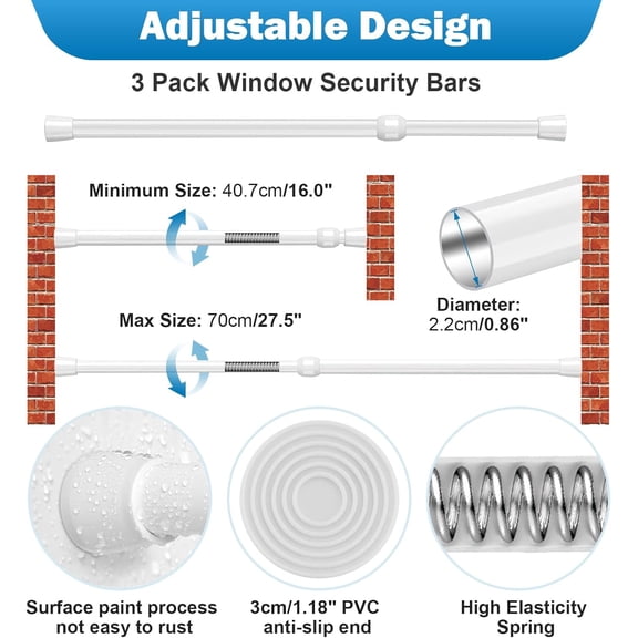 GVDCC-3 Pack Window Security Bar Adjustable Sliding Lock Security Stick for Rubber Tips, Adjustable Sliding Glass Door Lock Bars 15.7''-27.5'' Window Safety Lock Bar (16" to 28"-3Pcs)