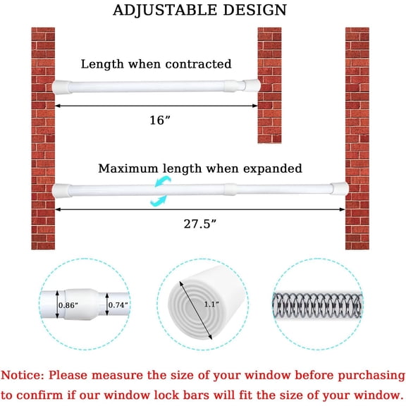 GVDCC-3 Pack Window Security Bars Adjustable Sliding Glass Door Lock Bars 19.6''-35.4'' Tension Rods 1.2'' Diameter Window Safety Lock Bar Stopper with Rubber Tips (White-3Pcs, 19.6''-35.4'')
