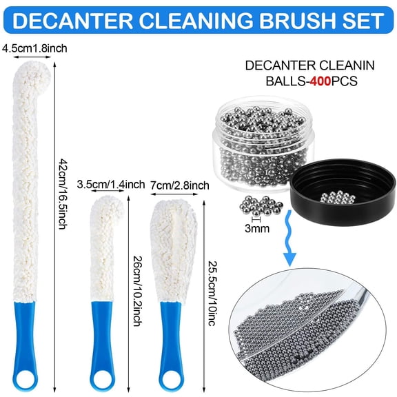 GVDCC-3 Pieces Decanter Cleaning Brush Flexible Bottle Scourer and 400 Pieces Reusable Decanter Cleaning Beads Household Cleaning Tools for Wine Decanters Goblets Glasses Cups (Blue Handle)