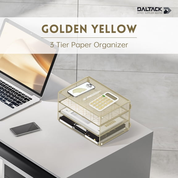 GVDCC-3 Tier Letter Tray Paper Organizer for Desk, Mesh Metal Desk File Organizer with Sliding Trays for Letter/A4 Paper, Mail, Bills & Folders, Yellow