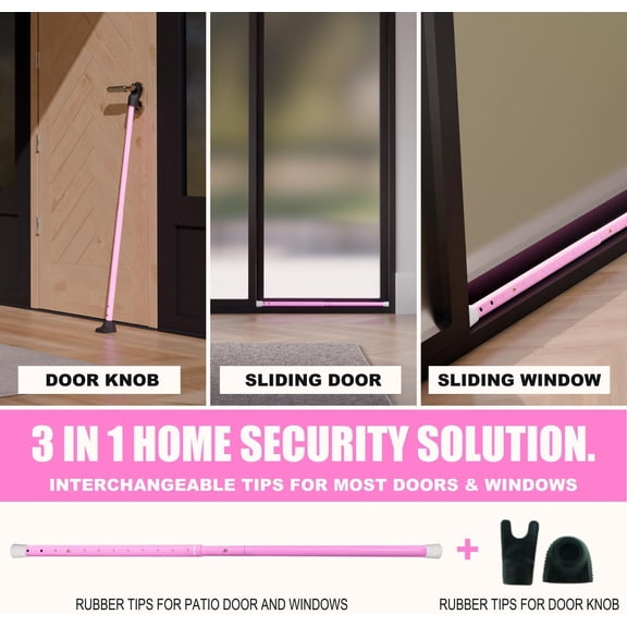 GVDCC-3-in-1 Door Security Bar, Security Door Stoppers & Door Barricade Heavy Duty Adjustable Iron Security Lock Bar for Home Defense, Apartment & Travel Safety (1 Pack - Pink)