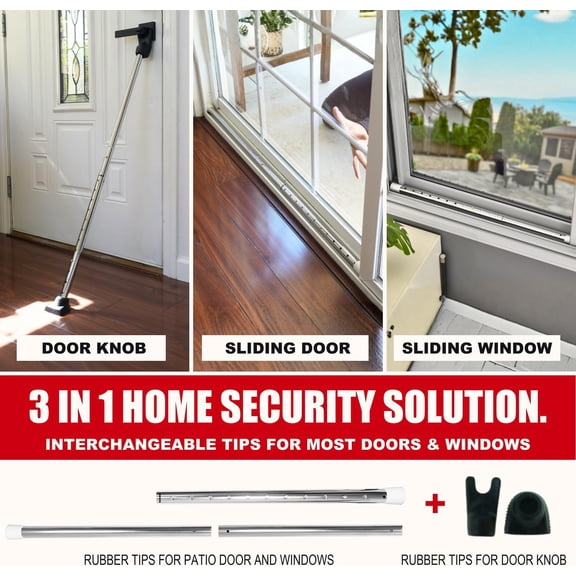 GVDCC-3-in-1 Door Security Bar, Security Door Stoppers & Door Barricade Heavy Duty Adjustable Iron Security Lock Bar for Home Defense, Apartment & Travel Safety (1 Pack - Chrome)