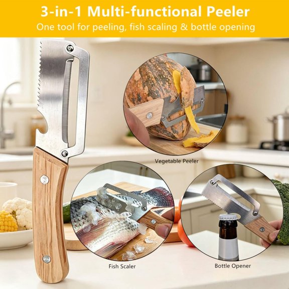 GVDCC-3-in-1 Multifunctional Kitchen Peeler, Wooden Handle & Sharp Stainless Steel Blade, Fruit Vegetable Peeler with Built-in Fish Scale Scraper and Bottle Opener