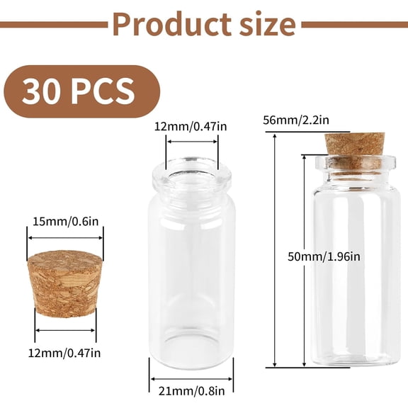 GVDCC-30 PCS Mini Glass Bottles, 10ml Small Glass Bottles, Vials Cork Stoppers, Spell Jars DIY Message Decoration Mini Vials for Party, Art Crafts, DIY Projects, Wedding Favors