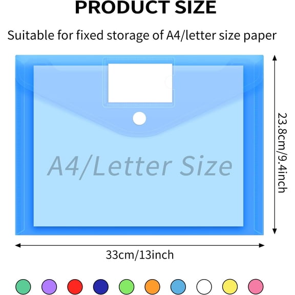GVDCC-30 Pack 10 Color Plastic Envelopes Poly Envelopes, Hook & Loop Closure File Folders Clear Document Folders File Envelopes with Label Pocket A4 Size