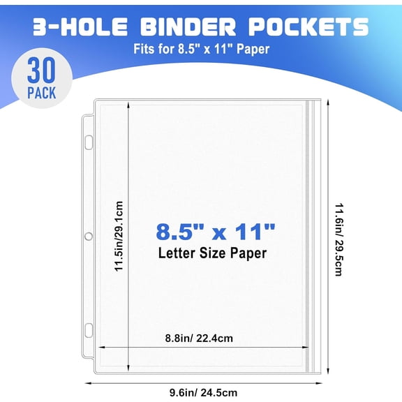 GVDCC-30 Pack Letter Size Binder Pockets for 3 Ring Binder, Waterproof Resealable Zip Loose Leaf File Bags Document Organizer Folders Insert Page Sleeves PVC 3-Hole Sheet Protectors for 8.5x11 Paper