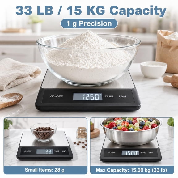 GVDCC-33LB/15KG Digital Kitchen & Food Scale Waterproof Stainless Steel, USB Rechargeable, 1g Precision, Tare Function for Cooking, Baking, Meal Prep