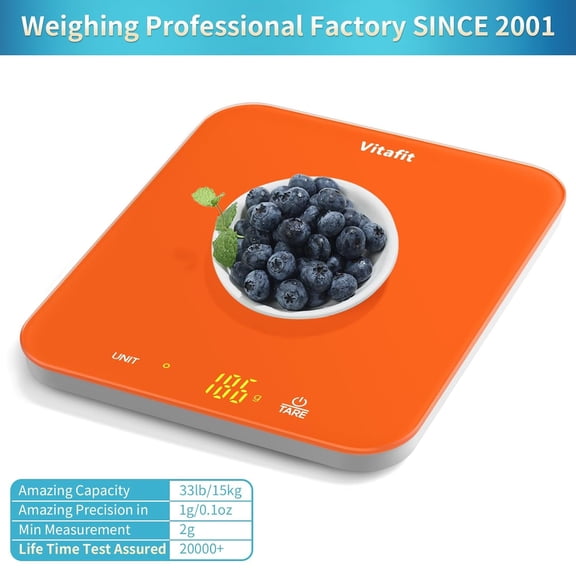GVDCC-33lb/15kg Digital Food Scale in High Precision 0.1oz/1g, Our Own Kitchen Scale Professional Factory Since 2001, Kitchen Essentials for Cooking & Baking, LED, 3xAAA Battery, Refreshing Orange