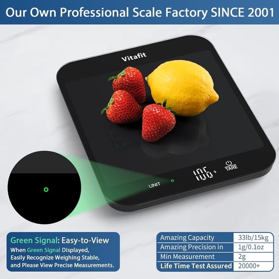 GVDCC-33lb Food Scale, High Accuracy 0.1oz by Our Professional Scale Factory Since 2001, Digital Kitchen Scales Weight Grams and Ounces for Cooking & Baking, 8.5x7.1in Platform, 3 AAA Battery, Black