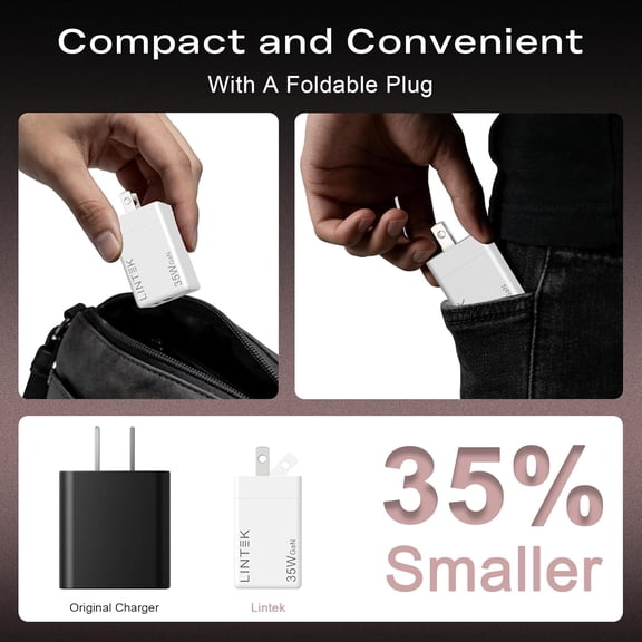 GVDCC -35W GaN Fast Charger Block, Foldable Dual Port USB-C & USB-A PD 3.0 Wall Adapter, Compact Travel Charger for iPhone 17/17 Pro/17 Pro Max/17 Ultra, 16/15/14/13/12, Samsung Galaxy, iPad