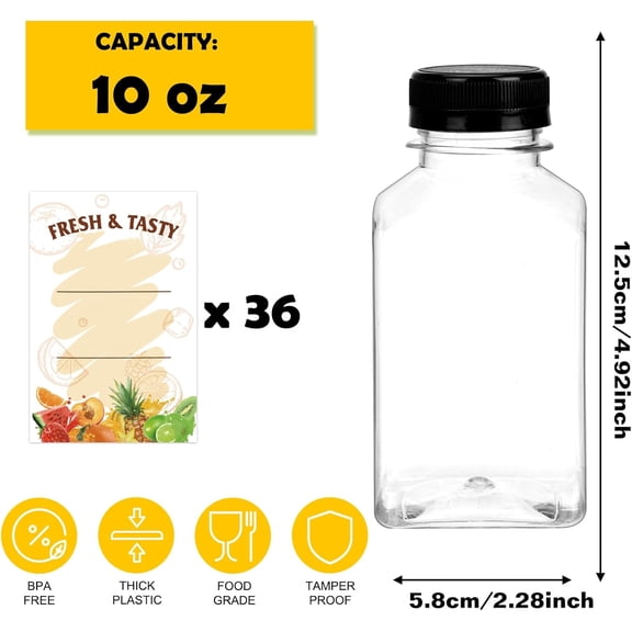 GVDCC-36pcs 10oz Empty Plastic Juice Bottles with Caps, Reusable Clear Bulk Beverage Containers for Juice, Milk and Other Beverages
