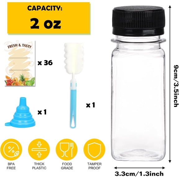 GVDCC-36pcs 2oz Plastic Shot Juice Bottles with Caps, Ginger Shot Bottles Reusable Clear Bulk Beverage Containers for ginger shot, Juice, Milk and Other Beverages