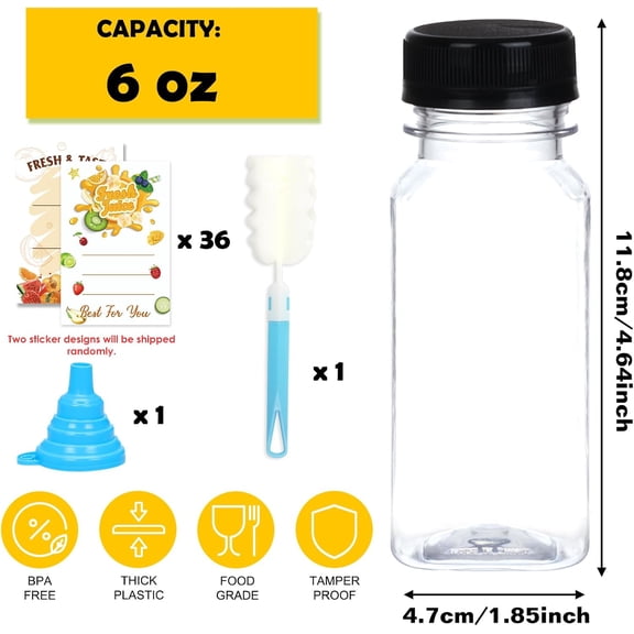 GVDCC-36pcs 6oz Empty Plastic Juice Bottles with Caps, Reusable Clear Bulk Beverage Containers for Juice, Milk and Other Beverages