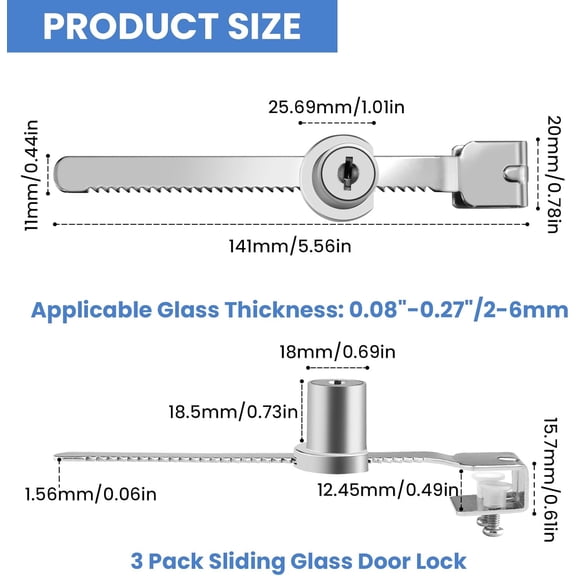 GVDCC-3Pcs Sliding Glass Door Ratchet Lock with Chrome Finish | Keyed Alike, Fits 2-6mm Glass | Secure Showcase Display Case Lock for Cabinets, Retail Stores & Home Use