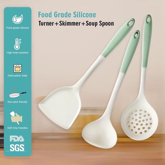 GVDCC-3pcs Food-Grade Silicone Cooking Utensils Set: Spatula, Slotted Spoon Skimmer & Solid Ladle, Heat Resistant Kitchen Tools for Nonstick Cookware frying, Mixing, Scraping, Serving, Easy to Clean