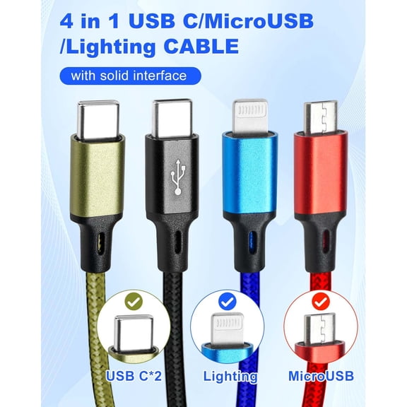 GVDCC -4 in 1 USB Charging Cable Fast Charging, 480Mbps Multi Phone Charger Cord, Nylon Braided Multi Charging Cord with IP/Type C/Micro USB Ports for Cell Phones/Phone 15 14 13/Tablets & More- 4Ft