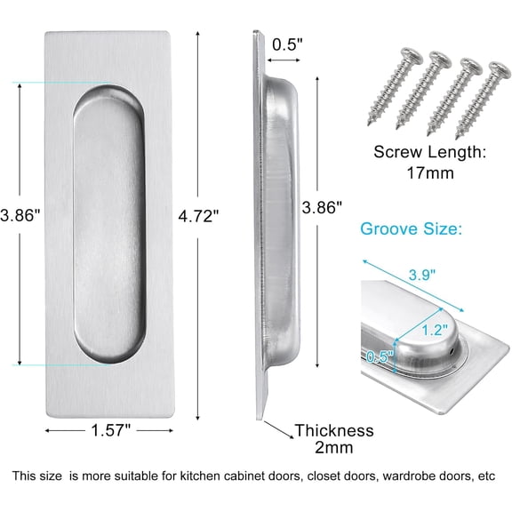 GVDCC-4.72 Inch Recessed Finger Flush Pulls for Kitchen Cabinet Closet Cupboard Door Handle, Brushed Stainless Steel Rectangular Door Pulls Hardware (2 Pack)