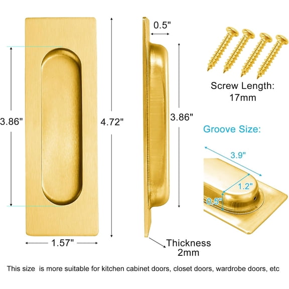 GVDCC-4.72 Inch Recessed Finger Flush Pulls for Kitchen Cabinet, Closet, Sliding Cupboard Door Handle - Brushed Gold Stainless Steel Rectangular Door Pulls Replacement Hardware (2 Pack)
