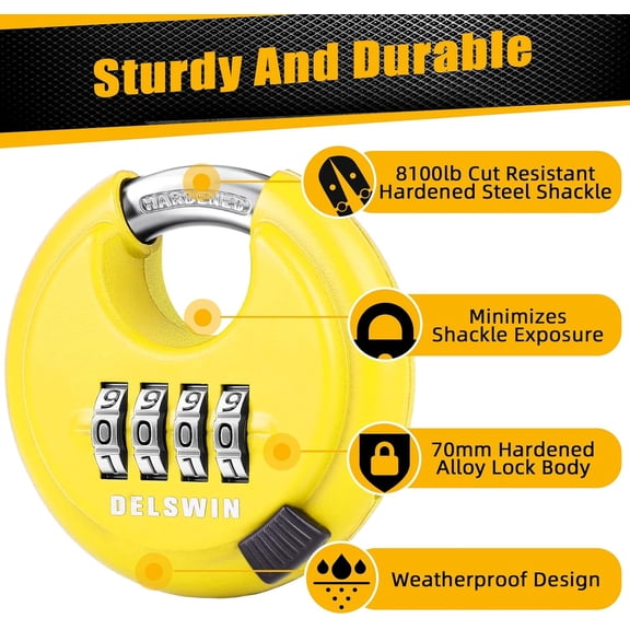 GVDCC-4 Digit Combination Disc Padlock with Hardened Steel Shackle Combo Lock for Sheds, Storage Unit, School Gym Locker and Fence (Yellow,1Pcs)