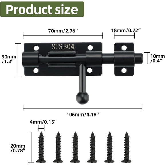 GVDCC-4 Inch Slide Lock SUS304 Stainless Steel Gate Latch, Slide Bolt Latch,Thickened Heavy Door Latch Lock, Black Barrel Bolt Latch, Security Slide Latch Lock for Outdoor Fence,Window,Shed Door