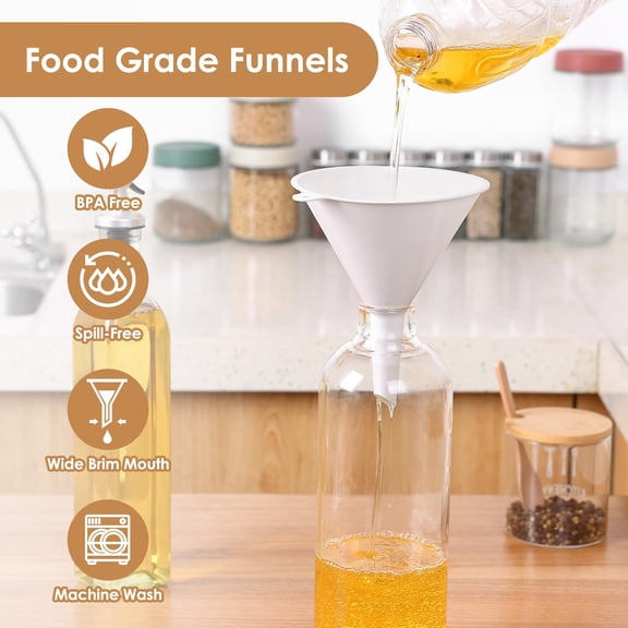GVDCC-4 PCS Plastic Kitchen Funnel Set with Clean Brush, Food Grade Funnel for Kitchen Use Filling Bottles, Liquid, Protein Powder, Multifunctional Funnels for Cooking, Lab and Automotive Use
