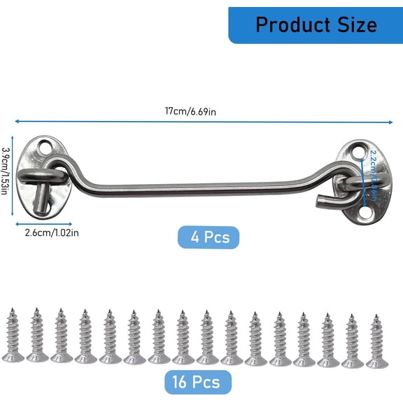 GVDCC-4 Pack 6" Hook and Eye Gate Latch, Stainless Steel Rust-Resistant Barn Door Lock Cabin Hooks for Gate Shutters Window Slide Barn Shed Cabinet Bathroom, with 16pcs Screw,Silver