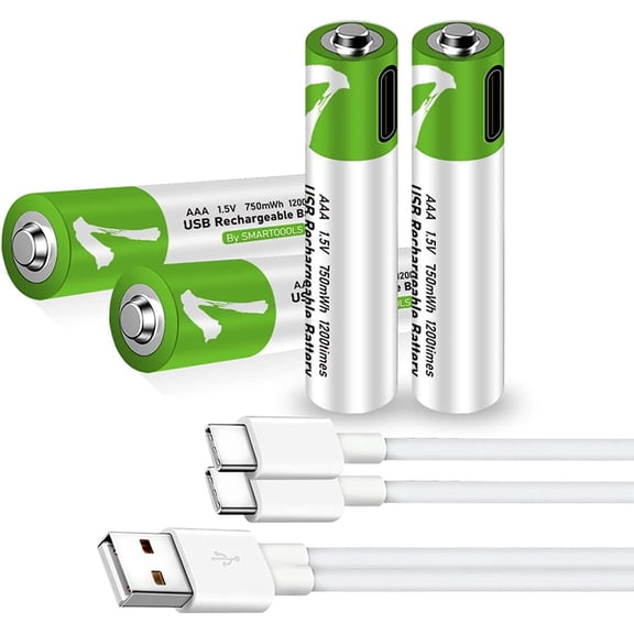 GVDCC-4 Pack AAA Battery,Rechargeable AAA Batteries, Lithium-ion Triple A Batteries 750mwh,1.5V Battery with 4 in1 USB Type C Port Cable Charger