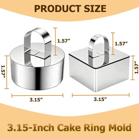 GVDCC-4 Pack Food Molds Set, 3.15-Inch Cake Ring Mold, Stainless Steel Cooking Rings for Food Decor (2 Round Rings+2 Square Rings)