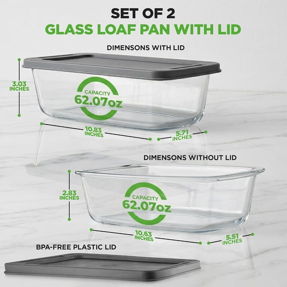 GVDCC-4 Piece Glass Loaf Pan Set with Lids - Stackable 1.9 QT/62oz Glass Bread Baking Dishes - 2 Food Storage Containers + 2 Airtight Lids, Oven & Microwave Safe, Dishwasher Safe - Clear
