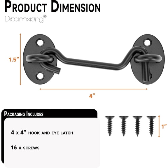 GVDCC-4" Privacy Eye Hook Door Latch for Screen Door, Window, Cabinet Barn Door, Fence Gate & More - Durable Hook and Eye Latch for 90 Right Angles to 180 Planes Black (4-Pack)