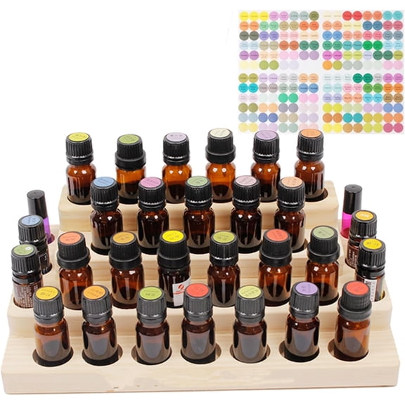 GVDCC-4 Tier Essential Oil Bottles Wooden Storage Display Stand Travel Display Presentation Holder, Cosmetic Aromatherapy Organizer Rack Nail Polish Fragrance Container - Holds 30 Slots (15 ml)