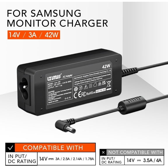 GVDCC -42w Replacement Charger for Samsung Monitor-14V 3A Power Supply for 15" 17" 18" 19" 20" 22" 23" 24" 27" 32" Samsung TV, S20B300B/S19B300N/500T1C,6.54.4mm tip Monitor Power Cord