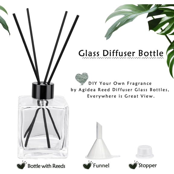 GVDCC-4PCS Glass Diffuser Bottles, Refillable Square Shape With 20pcs Reeds Sticks, Black Caps & Funnel, 4.05" High 200ml 7.05 fl oz. Jars for Home Oil Fragrance Decoration