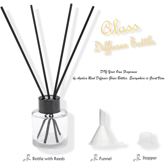 GVDCC-4PCS Refillable Fragrance Glass Diffuser Bottles with 20pcs Reeds Sticks & Black Caps & Funnel, Diffuser Jars for Home Oil Fragrance Decoration Girl Women Gift (50ML)