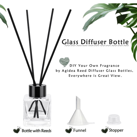GVDCC-4PCS Refillable Fragrance Glass Diffuser Bottles with 20pcs Reeds Sticks & Black Caps & Funnel, Diffuser Jars for Home Oil Fragrance Decoration Girl Women Gift (50ML)