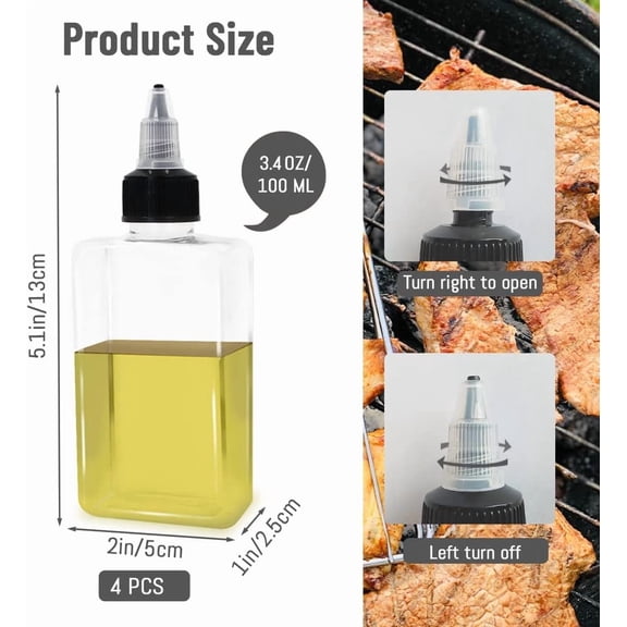GVDCC-4Pcs Small Oil Dispenser Bottle for Camping, 3.4oz Leak-Proof Squeeze Condiment Bottle with Twist Top Cap, Liquid Condiment Container Dispensing Bottles for Oil Soy Sauce Vinegar