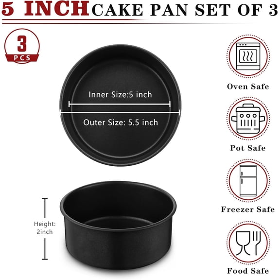 GVDCC-5 Inch Cake Pan Set of 3, Nonstick Stainless Steel Small Baking Pans Tins, Round Bakeware for Layer Cakes, Stainless Steel Core & Non-Toxic Coating, Straight Side & 2 Inch Deep