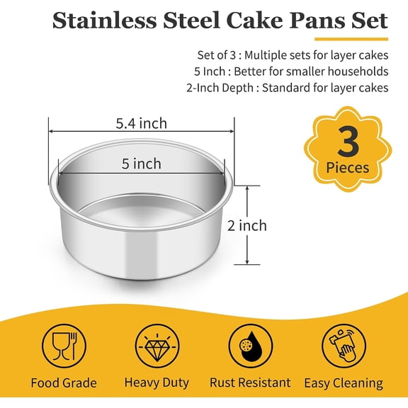 GVDCC-5 Inch Cake Pan Set of 3, Stainless Steel Small Layer Cake Baking Pans Tins, Round Bakeware for Birthday Wedding Party, Non-Toxic & Healthy, Mirror Finish & Dishwasher Safe